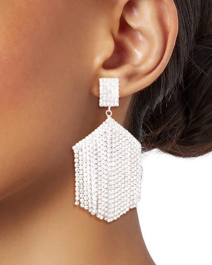 Silver Hexagon Rhinestone Fringe Earrings
