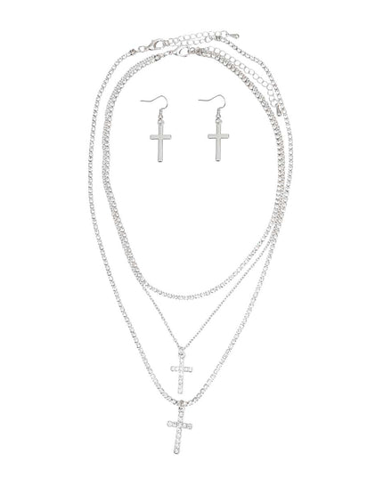 Triple Layer silver Rhinestone Cross Necklaces