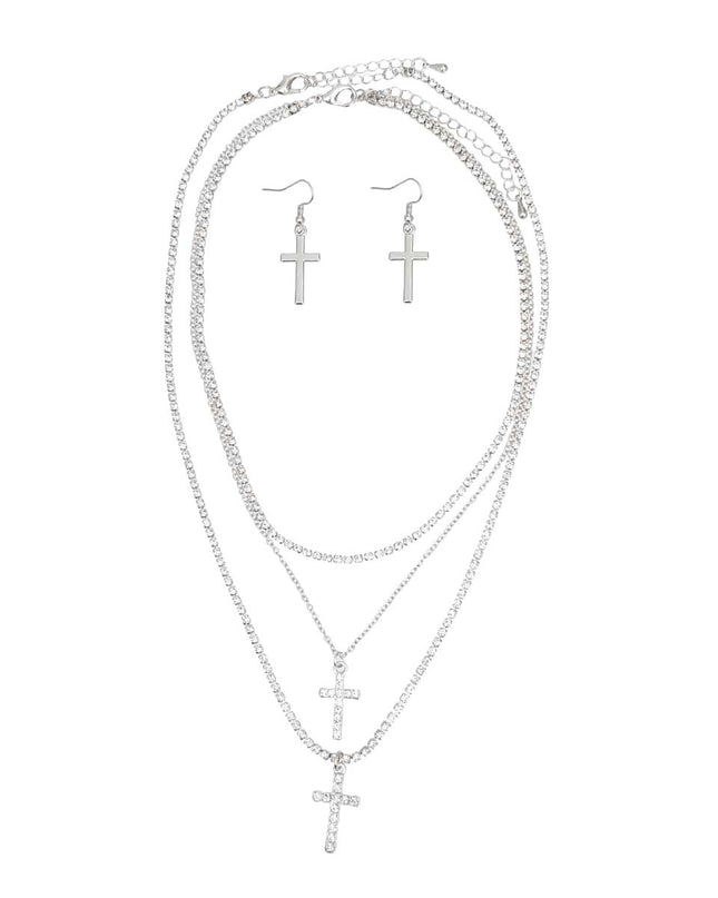 Triple Layer silver Rhinestone Cross Necklaces