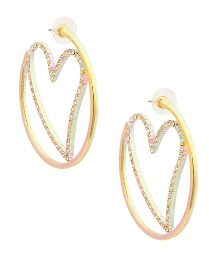 Pink Tint Gold Metal Heart Hoops