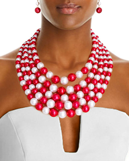 Red and White Pearl 5 Strand Set