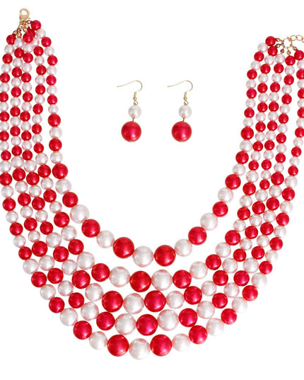 Red and White Pearl 5 Strand Set