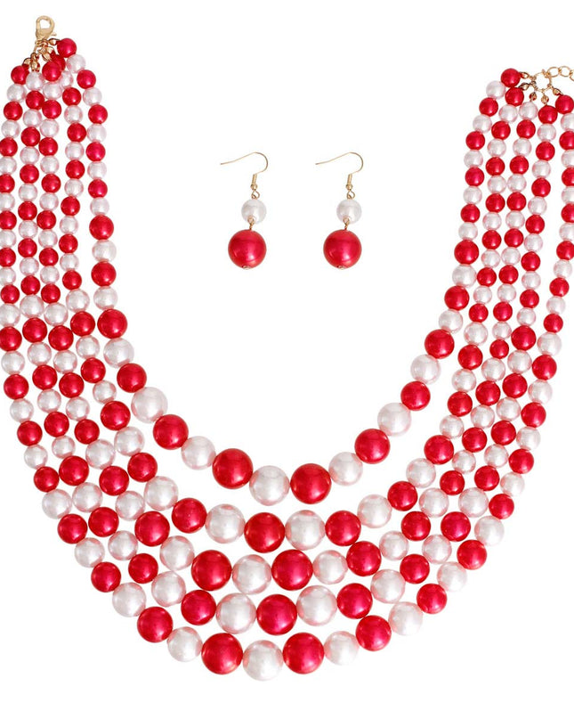 Red and White Pearl 5 Strand Set