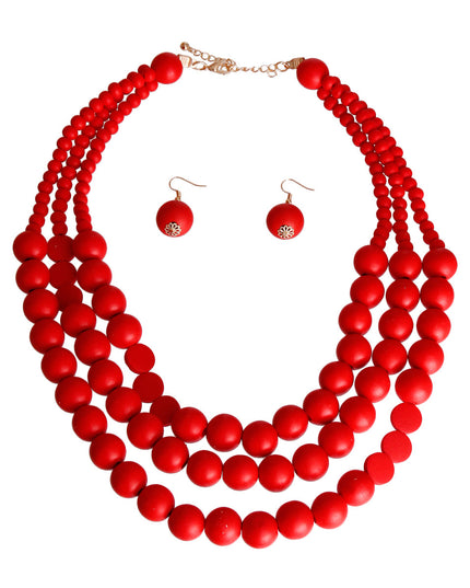 Red Round Wood Bead 3 Strand Necklace