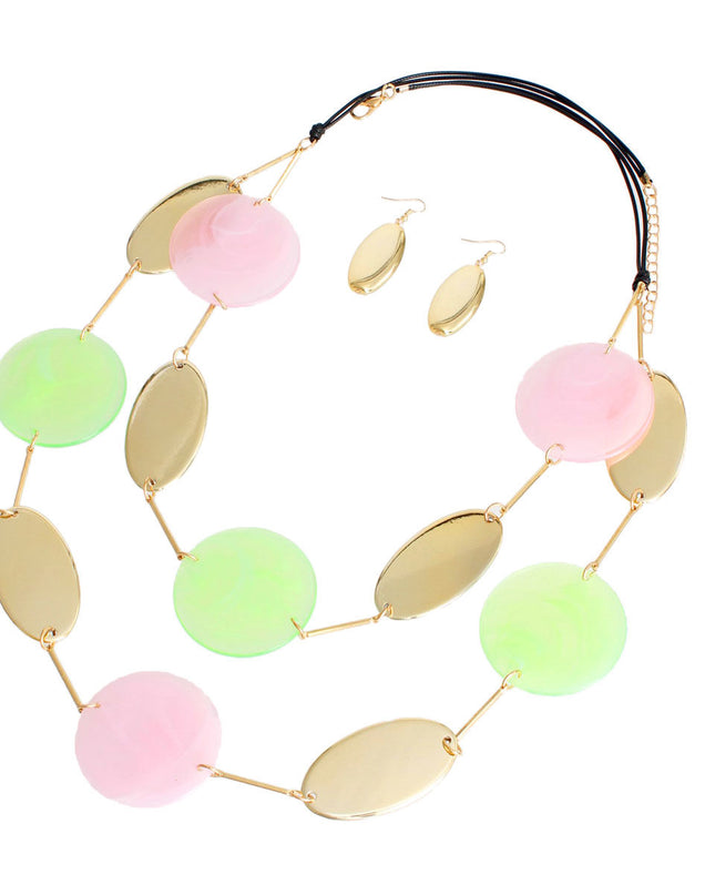 Pink Green Gold Disc Necklace