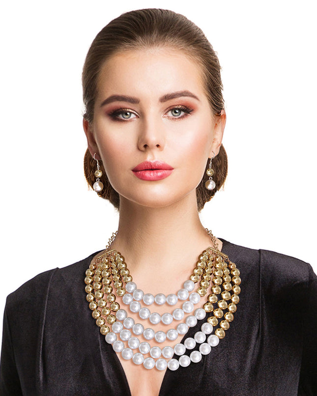 Gold and White Pearl 5 Row Necklace