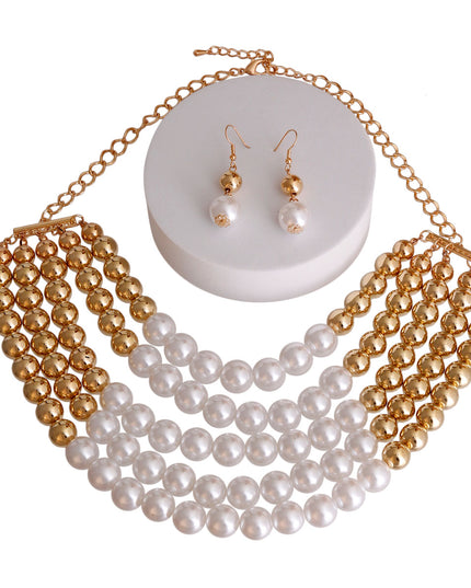 Gold and White Pearl 5 Row Necklace