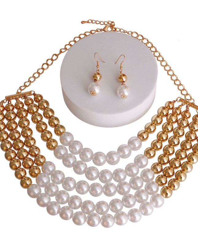 Gold and White Pearl 5 Row Necklace
