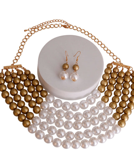 Matte Gold and White Pearl 5 Row Necklace