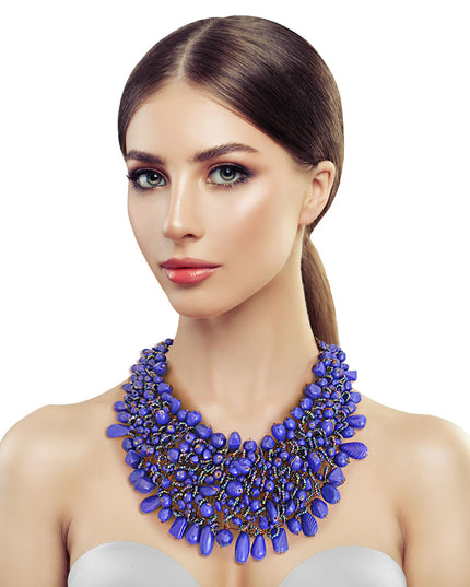 Dark Purple Blue Bead and Copper Bib Necklace