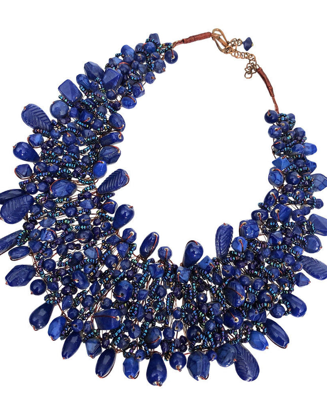 Dark Purple Blue Bead and Copper Bib Necklace