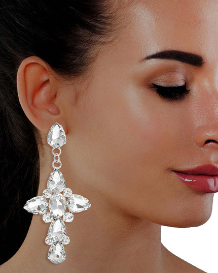Silver Teardrop Crystal Cross Earrings