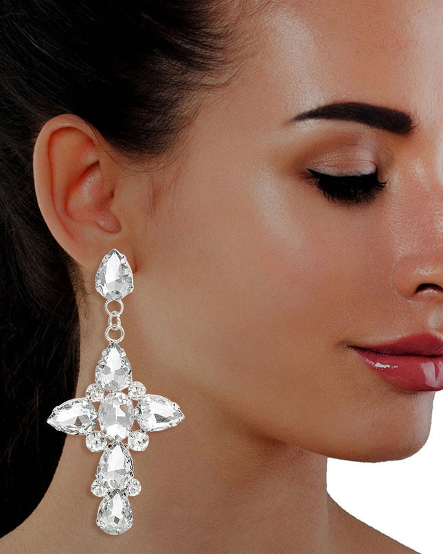Silver Teardrop Crystal Cross Earrings