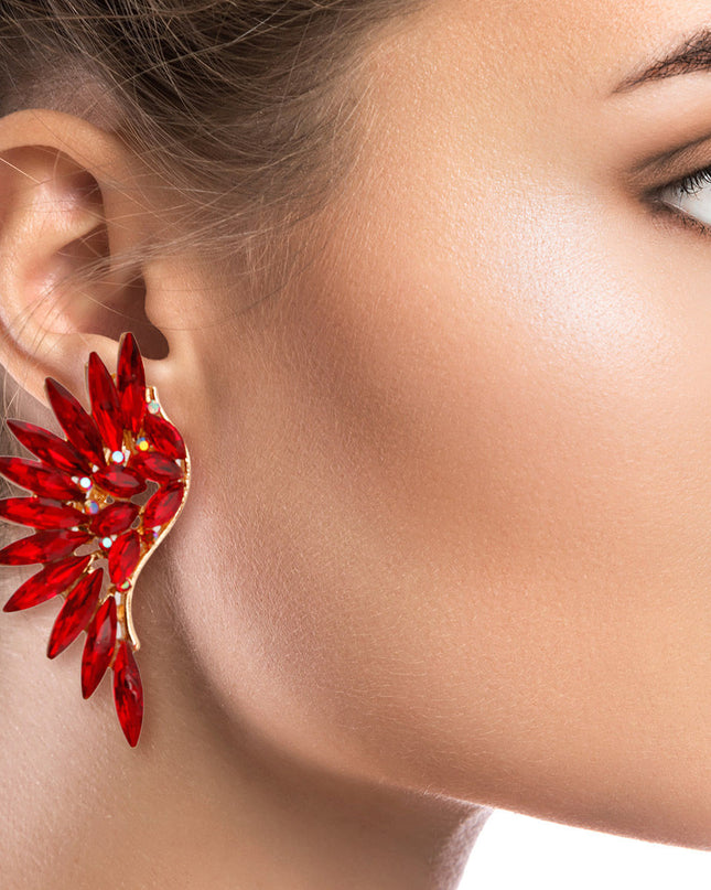 Red Rhinestone Wing Clip On Earrings