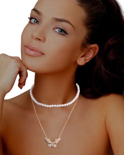 2 Pcs Gold Pearl Butterfly Necklace