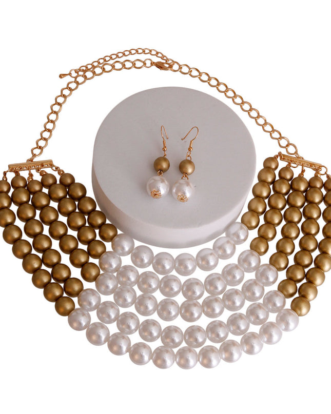Matte Gold and White Pearl 5 Row Necklace