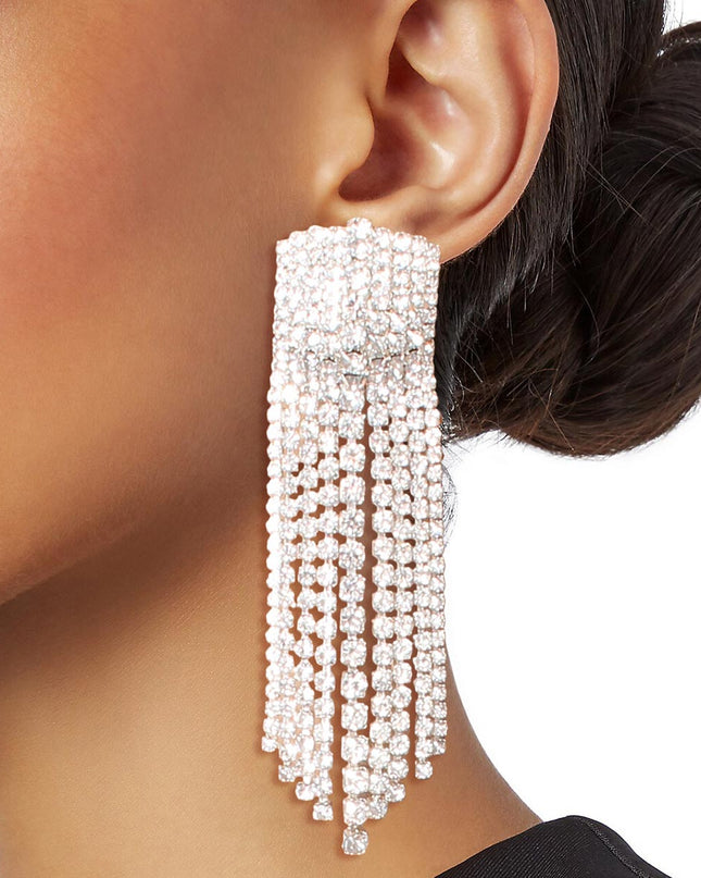 Silver Rectangle Iced Fringe Earrings