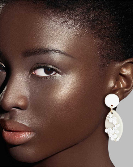 White Tan Clay Marquise Flower Bridal Earrings
