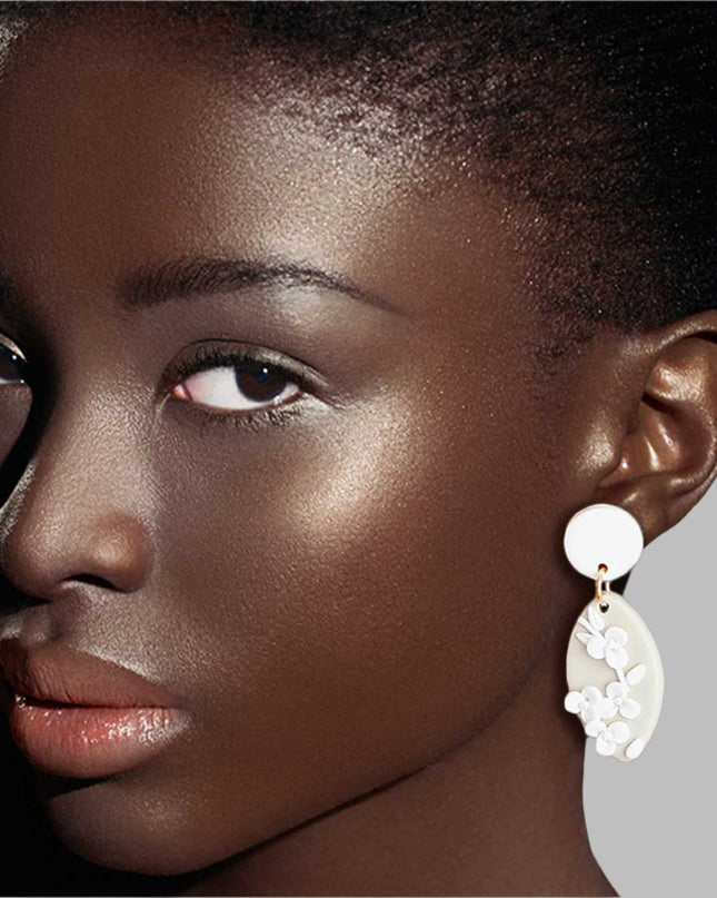 White Tan Clay Marquise Flower Bridal Earrings