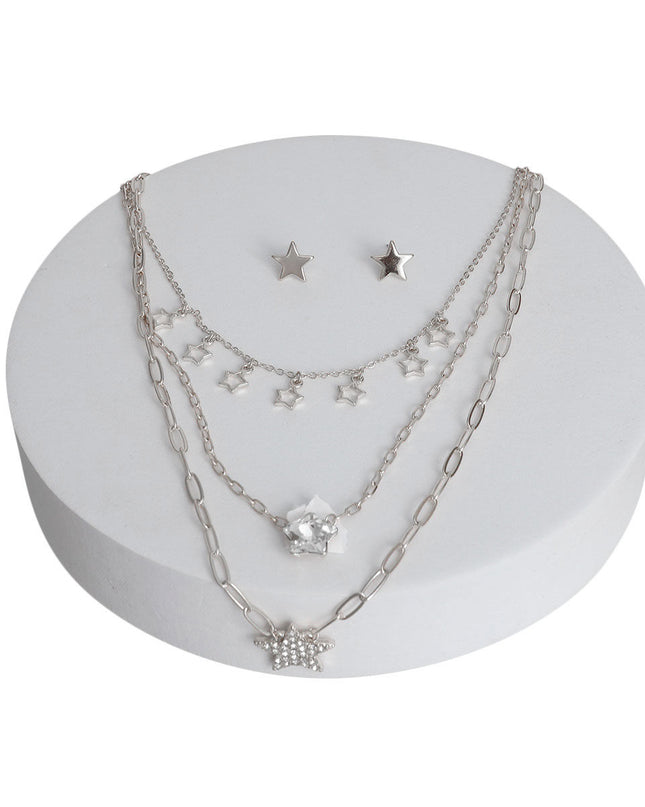 Silver 3 Layer Chain Star Necklace