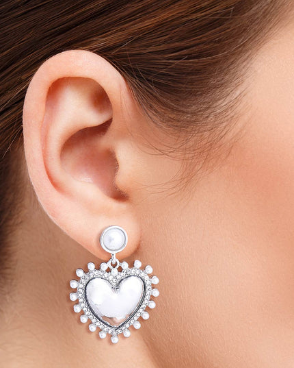 White Pearl and Silver Heart Earrings