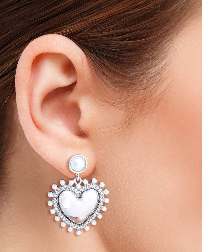 White Pearl and Silver Heart Earrings