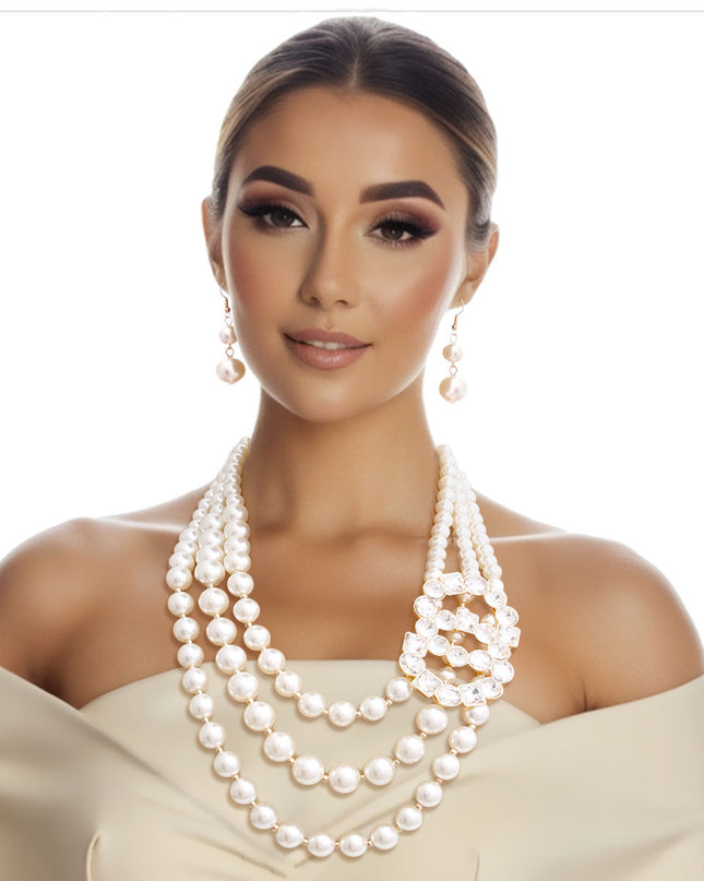 Timeless Opulence: Cream Pearl Layered Necklace Set with Crystal Infinity Ring