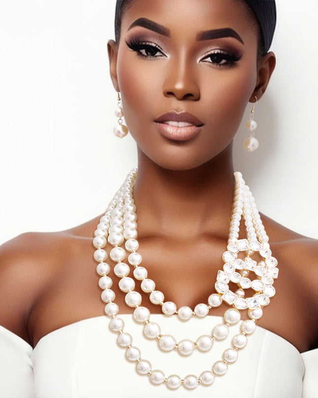 Timeless Opulence: Cream Pearl Layered Necklace Set with Crystal Infinity Ring