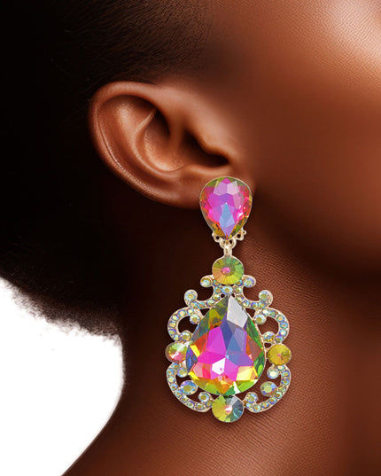Clip On Pink Green Medium Crystal Earrings Women