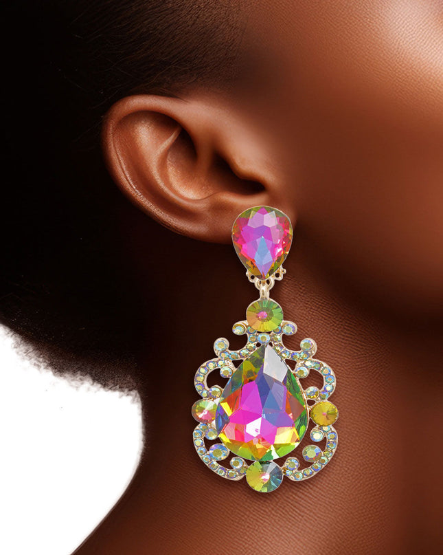 Clip On Pink Green Medium Crystal Earrings Women