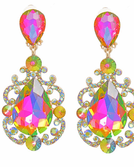 Clip On Pink Green Medium Crystal Earrings Women
