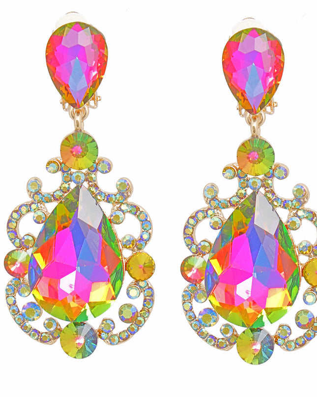 Clip On Pink Green Medium Crystal Earrings Women