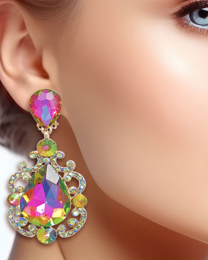 Clip On Pink Green Medium Crystal Earrings Women