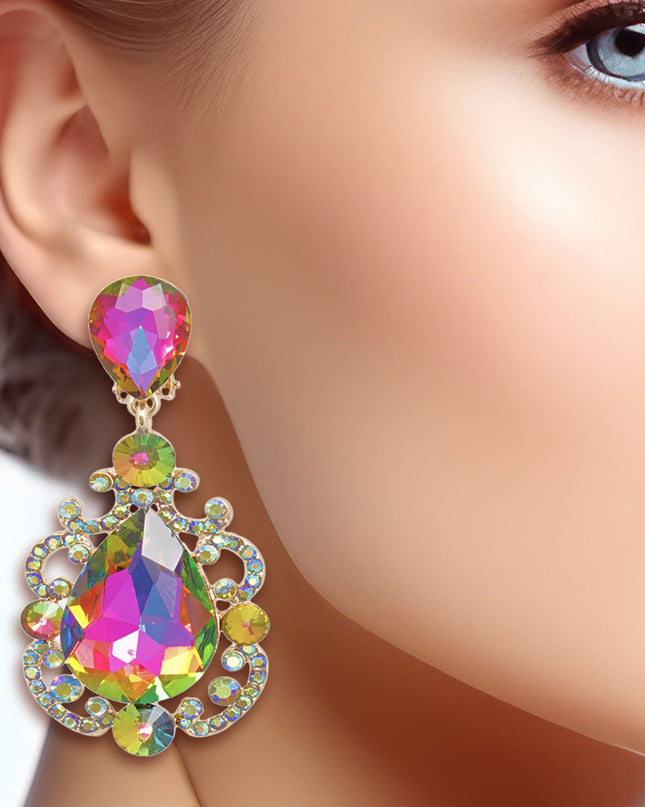 Clip On Pink Green Medium Crystal Earrings Women