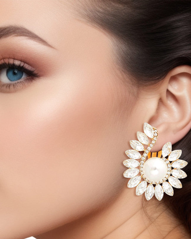 Clip On Medium Gold Hook Pearl Earrings for Women