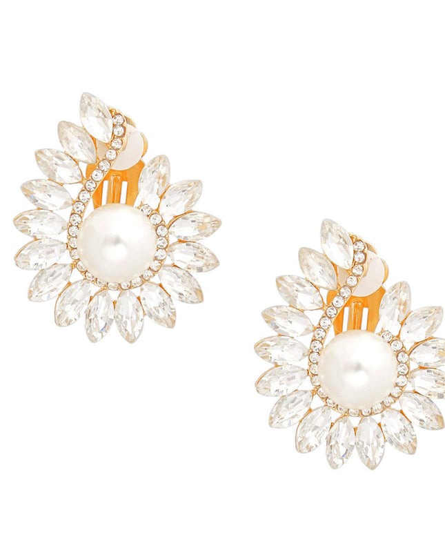 Clip On Medium Gold Hook Pearl Earrings for Women