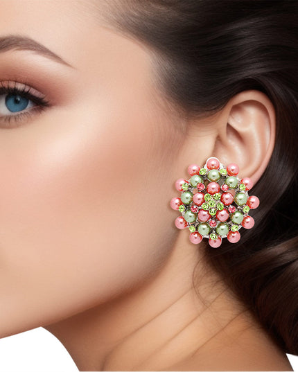 Clip On Pink Green Small Pearl Earrings for Women