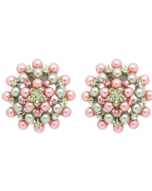 Clip On Pink Green Small Pearl Earrings for Women