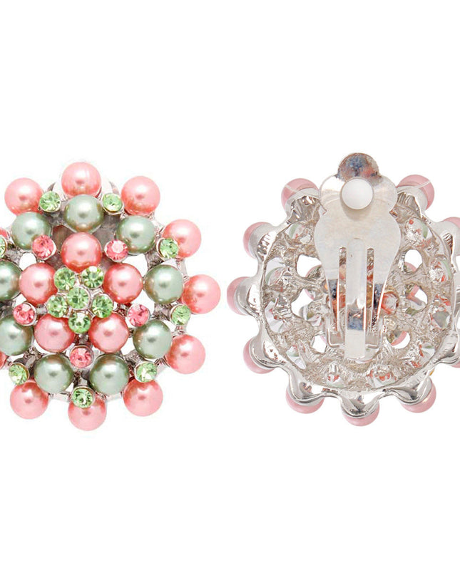 Clip On Pink Green Small Pearl Earrings for Women