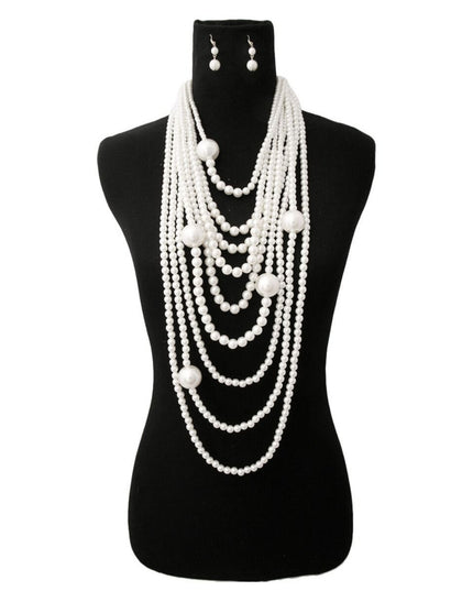 Long Layered Strand White Pearl Set