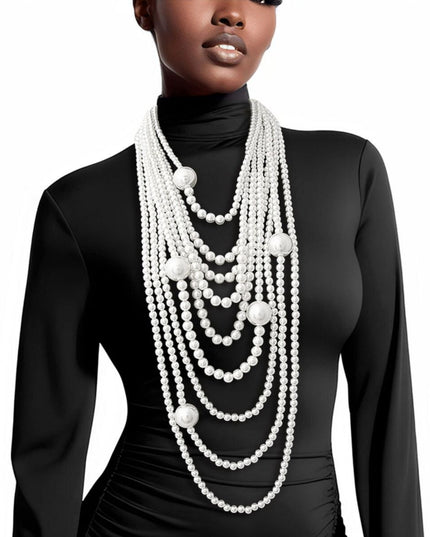 Long Layered Strand White Pearl Set