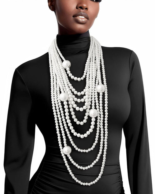 Long Layered Strand White Pearl Set