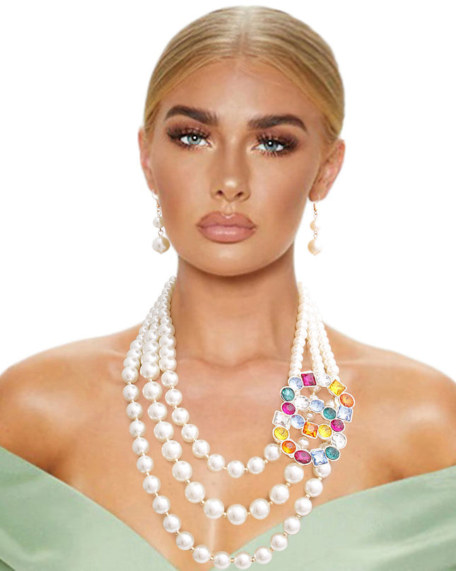 Infinite Elegance: Multi-Color Infinity Ring 3-Layer Pearl Necklace Set