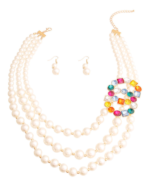Infinite Elegance: Multi-Color Infinity Ring 3-Layer Pearl Necklace Set