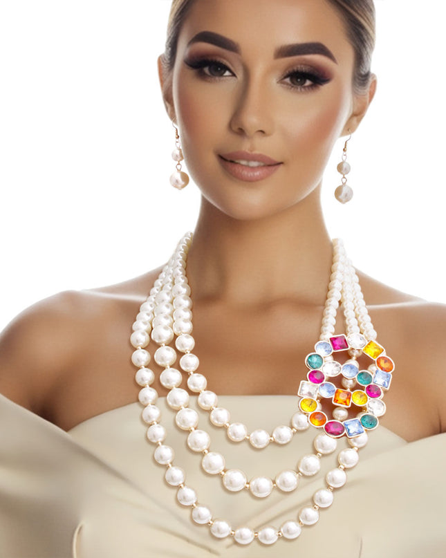 Infinite Elegance: Multi-Color Infinity Ring 3-Layer Pearl Necklace Set