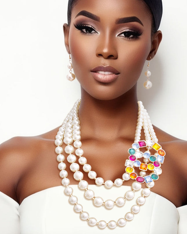 Infinite Elegance: Multi-Color Infinity Ring 3-Layer Pearl Necklace Set