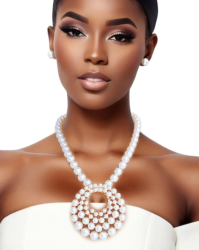 Pearl Necklace Cream Round Pendant Set for Women
