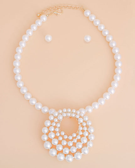 Pearl Necklace Cream Round Pendant Set for Women