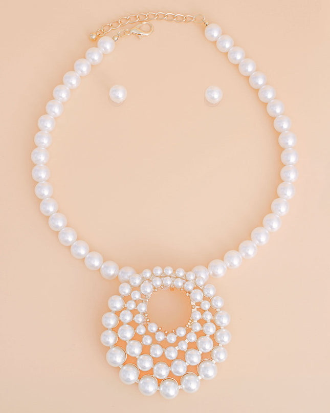 Pearl Necklace Cream Round Pendant Set for Women