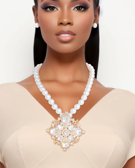 Pearl Necklace Cream Crystal Pendant Set for Women